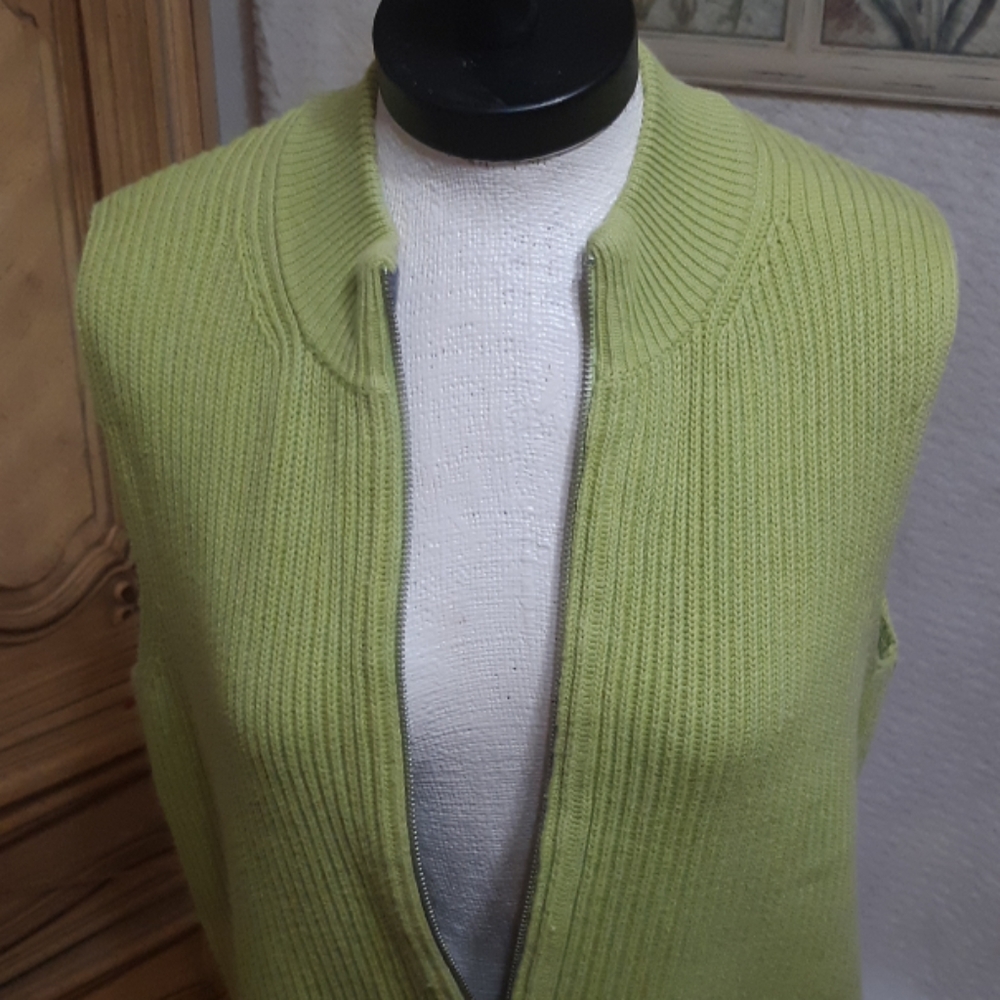 Womens Green Knit Vest Sz Large Jacket Sweater Zip up Sleeveless B2 - Picture 3 of 8